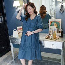 苒祺祺孕妇装夏季连衣裙中长款时尚韩版百搭潮妈网红裙子外出夏装孕妇裙夏款 蓝色 M