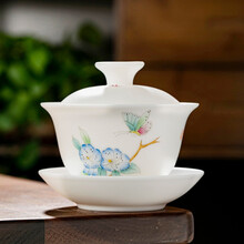 钰铨龙门 大号德化白瓷手绘无釉素烧高档功夫茶具泡茶三才盖碗介杯大容量喝茶泡杯手绘花鸟山水水墨茶杯家用 大号白瓷手绘盖碗-款式四