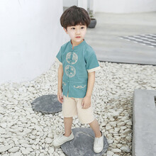 宝宝周岁礼服儿童唐装男童中国风夏款新款中式改良汉服宝宝复古民族风衣服古装 福喜套装绿色 130