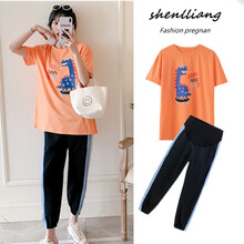 什靓孕妇套装夏装2021新款时尚减龄短袖T恤夏季潮妈夏天宽松两件套 橙色上衣+黑色裤子 L