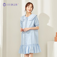 孕之彩孕妇装夏季学院小清新纯棉短袖连衣裙减龄双层娃娃领可哺乳衬衫裙孕妈洋气百褶裙 兰色 XL