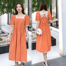 幸孕佳儿 孕妇连衣裙2021夏季新款韩版时尚甜美减龄复古方领拼接撞色过膝长款裙潮妈外出宽松遮肚孕妇装 桔红色 XXL