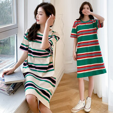 南叮雅格孕妇夏装上衣彩色条纹孕妇t恤短袖中长款开叉过膝连衣裙夏季潮妈 绿色条纹 XXL