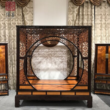 得善红木家具小叶紫檀（学名：檀香紫檀）实木架子床古典雕花婚床1.8米床+2床头柜组合卧室月洞门