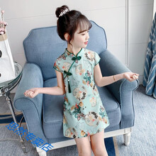 迪士尼Disney女童旗袍夏季2021新款薄款夏装儿童汉服连衣裙碎花裙子洋气公主裙新疆棉 绿色【正规大厂 标准正码】 140cm