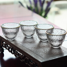 日式公道杯玻璃锤纹盖碗日本茶具套装号大容量功夫茶具配件泡茶器 金边茗品杯四只