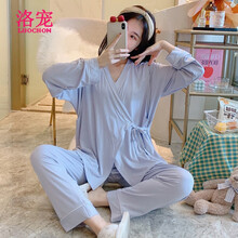 洛宠夏季莫代尔薄款月子服孕妇哺乳睡衣春秋产后透气吸汗喂奶和服套装 AB-1047#和服简约灰 M码  90-120斤