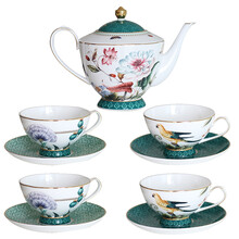 安娜16点骨瓷咖啡杯欧式小奢华精致英式下午茶茶具套装陶瓷咖啡具 1茶壶4杯碟（2花2鸟）-春风燕语