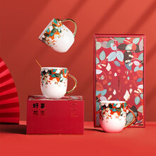 景德镇陶瓷马克杯大容量喝水杯子创意结婚礼物情侣对杯带勺茶杯办公室咖啡杯礼品 对杯好事花生（高档礼盒+手提袋）