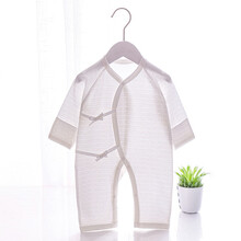 婴儿夏季衣服透气薄款连体衣新生儿宝宝爬服哈衣夏季空调服内衣 长袖系带白 66cm