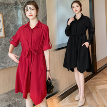 曼吉拉 孕妇装哺乳衣外出春秋哺乳连衣裙收腰显瘦中长款不规则产后喂奶衣潮妈职业上班可调节哺乳裙 黑色 2XL