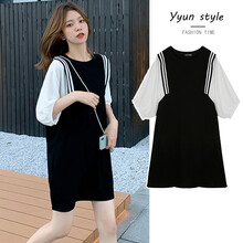 敏潮格伦孕妇装夏装2021新款韩版时尚孕妇裙短袖宽松大码拼接连衣裙中长款 黑色 L