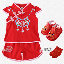 迪士尼高端童装萌宝生日衣服汉服女童婴儿古装抓周礼服夏装0-1岁夏天衣服一周岁女宝宝唐装2半 2016红色+虎头鞋+袜子 100(100码建议15-24个月)