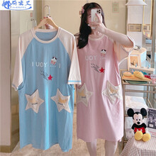 娜丽密艾夏季哺乳睡裙产后喂奶月子服夏天连衣裙纯棉孕妇睡衣宽松家居服 yy2502#蓝色 XXL码(建议140-160斤)