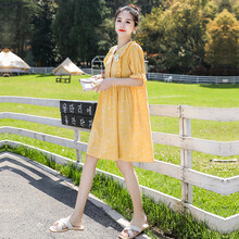 孕妇装夏装连衣裙韩版宽松时尚款孕妈v领夏季中长款夏天裙子女 黄色--单件裙子 M