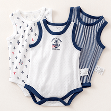 婴儿夏天半袖连体衣薄棉春秋夏季爬服睡衣儿童三角哈衣短袖包屁衣 网眼蓝锚【背心爬服】3件装 90(建议身高80cm左右)