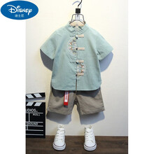 迪士尼正品牌童装5-9岁14男孩汉服男童夏装薄款古装儿童夏季民族风服装套装周岁宝宝中国风唐装 半圆刺绣绿色 120(120尺码偏小一码)