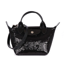 珑骧 LONGCHAMP 2021春夏 女士LE PLIAGE系列涤纶帆布配亮片手提斜挎包小号 黑色 L1500 HVI 001