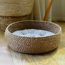 曦凰 猫窝藤编冬季保暖四季通用蒲草编织宠物窝封闭式猫咪房子别墅窝 圆大号+垫子 M-中型
