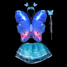 发光小女孩背的蝴蝶翅膀道具儿童奇妙仙子魔法棒花仙子三件套 发光蓝色四件套