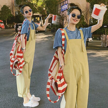 郁彼 孕妇装套装夏季夏款孕妇套装孕妇两件套外出外穿宽松大码孕妈装 蓝色上衣+卡其背带裤 M