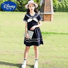 迪士尼童装℘9-14岁初中高中女生夏季海军领连衣裙女童夏装jk洋气裙子新款大童十二儿童公主裙夏天 藏青色 160cm