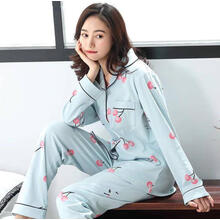 佐欧雅睡衣女学生宽松韩版春秋天长袖涤棉睡衣女春秋冬韩版纽扣开衫月子服长袖休闲外穿家居服套装休 ：蓝色樱桃 2XL (建议130-145斤)