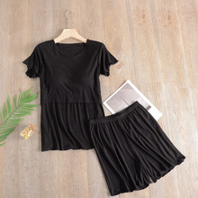 免穿文胸哺乳衣夏季薄款哺乳喂奶产后月子服大码短袖短裤家居睡衣 黑色 M