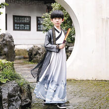 暧色鹿 儿童汉服男童夏季薄款小男孩古装唐装中国风书童国学舞台表演出服 水墨两件套+折扇 130