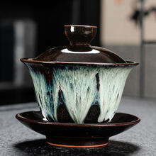 青花瓷盖碗单个三才盖碗茶杯特大号陶瓷泡茶碗白瓷功夫茶具德化青花瓷带盖qwe 天目均窑盖碗