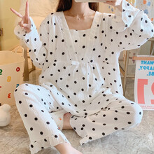 回访人纯棉纱布月子服哺乳睡衣春夏季薄款产后孕妇长袖产妇家居服5月份6 A10#24绉布花边V领仙人掌 XL码  120-140斤