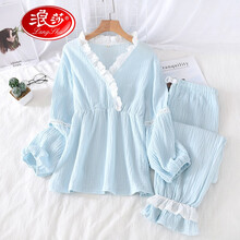 浪莎新品月子服纯棉夏季薄款孕妇145cm小个子睡衣春纱布产后哺乳专柜品牌家居服 v款蕾丝花边套头哺乳衣-天蓝色 XL（产后155-163cm  120-140斤）