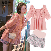 普雷芳孕妇装套装夏装2021新款网红时尚孕妇短袖上衣托腹短裤潮妈洋气高级感孕妇连衣裙夏季 粉色上衣 M(建议85-110斤)