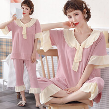 七采雏菊 纯棉月子服夏季薄款短袖孕妇睡衣产后哺乳喂奶衣孕妇九分裤韩版睡衣女 3041粉色纯棉短袖套装 M码（80-110斤内合适）