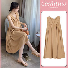 金缔娅孕妇装夏天时尚新款裙子韩版潮妈时尚宽松中长款无袖背心孕妇连衣裙夏款 卡其色 M