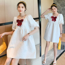 郁彼 孕妇装夏装孕妇裙夏季夏天外穿孕妇连衣裙泡泡袖蝴蝶结宽松大码孕妇裙子孕妈装 仙女白 M