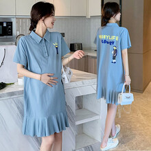苒琦妈咪孕妇夏装时尚翻领夏天裙子T恤裙中长款孕妇连衣裙潮妈 蓝色连衣裙 M