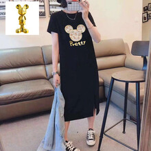 珂纷【甄选精品】孕妇夏装短袖连衣裙简约时尚款t恤裙中长款宽松休闲过膝长裙潮妈 黑色（金色字母米奇款） M