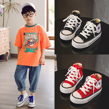 萌妮酷 儿童帆布鞋2021春季新款男女童布鞋高帮休闲鞋子韩版学生单鞋小白鞋 红色 25码内长16.5cm