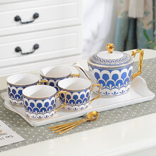 轻奢欧式茶具套装陶瓷家用水杯英式下午茶杯子茶壶咖啡杯小带托盘 磨砂蓝 鱼鳞(4杯1壶1瓷盘) 6件