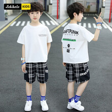 童装男童套装夏装新款潮流休闲儿童套装圆领印花短袖T恤加格子短裤小男孩两件套夏季乐比巴鹿中大童二件套潮 白色 160码-建议身高150CM
