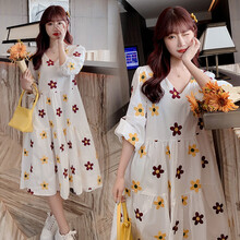 小兀 孕妇装夏装孕妇裙夏季夏天外穿孕妇连衣裙宽松大码孕妇裙子孕妈装 菊花绣花 M