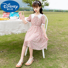 迪士尼品牌高端新品 女童夏装网红碎花连衣裙2021新款小中大童儿童夏季超洋气雪纺裙子 粉色 140cm