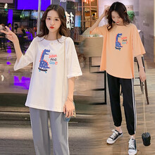 珺瑞禾  孕妇装套装2021夏季新款孕妇夏装时尚潮妈宽松T恤+托腹裤两件套 橙色T恤 M(建议体重90-110斤)