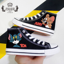 儿童帆布鞋女女童鞋子新款软底网红时尚涂鸦帆布鞋男童卡通ins手绘板鞋潮【君闵】 涂鸦高帮黑搞怪 30