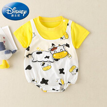 迪士尼包屁衣夏薄纯棉初生婴儿衣服夏装0-1岁满月男女宝宝假两件背带裤套装卡通奶牛短袖三角开档爬爬服 黄色 90
