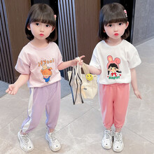 带禧兔童装女童套装夏装儿童套装女宝宝衣服夏季运动幼童中小童夏款1-7岁女孩休闲短袖T恤裤子两件套 粉色 110码建议身高95-105cm