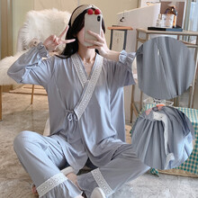 蔻翔  产后冰丝月子服春夏季哺乳期喂奶衣夏天薄款孕妇睡衣套装 TP313蓝灰 坑条冰丝 L 建议90-120斤