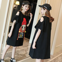 敏潮格伦孕妇夏装连衣裙中长款韩版时尚露肩牛仔裙夏季洋气孕妇装夏天潮妈 黑色 L