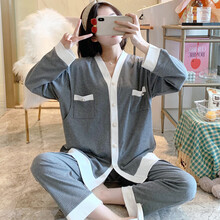 月子服春秋产后针织哺乳喂奶家居服3月份5夏薄产妇住院孕妇睡衣67 花灰色小香风5636 XL